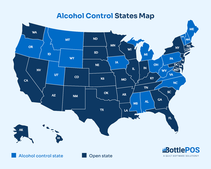 Map infographic showing the alcohol control states, as listed in the text below.