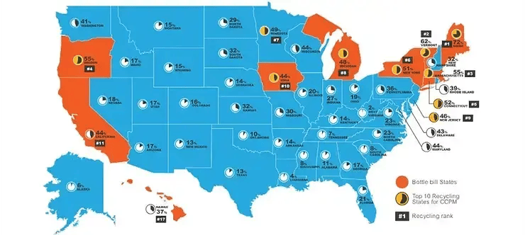 US map of bottle deposit laws by state