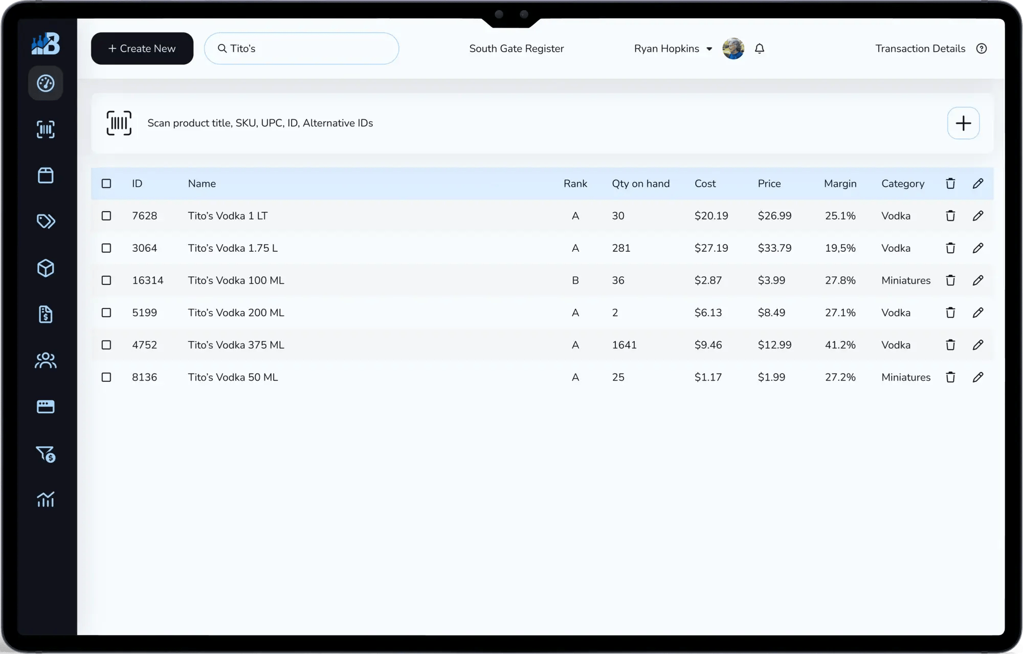 Bottle POS inventory screen on a touchscreen display
